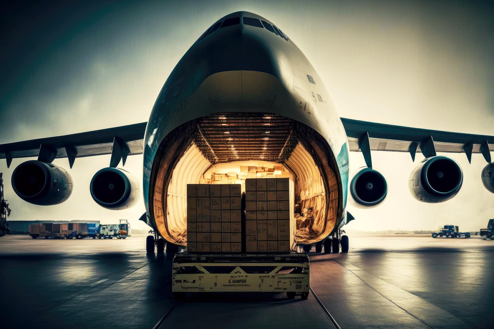 Process of loading goods in large boxes into hold of cargo plane