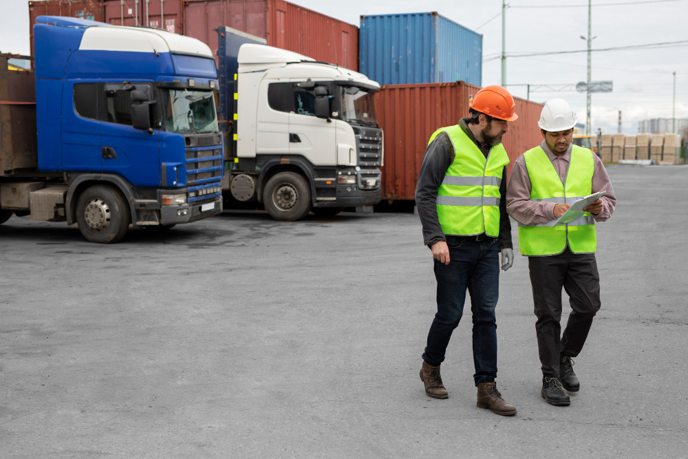 Full shot men wearing protection equipment walking through container yard